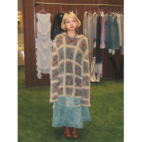 Turn up/陳腿兒 撞色毛絨長袖針織外套女秋冬圓領格紋中長毛衣ins