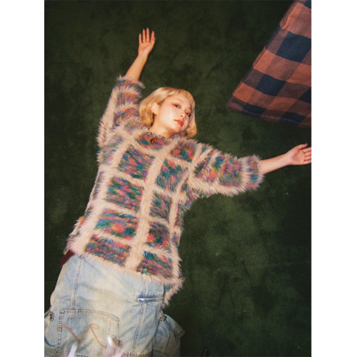 Turn up/陳腿兒 撞色毛絨長袖針織外套女秋冬圓領格紋中長毛衣ins