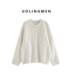 麻花毛衣女秋冬軟糯糯百搭奶白色圓領寬松套頭慵懶風外穿針織衫厚