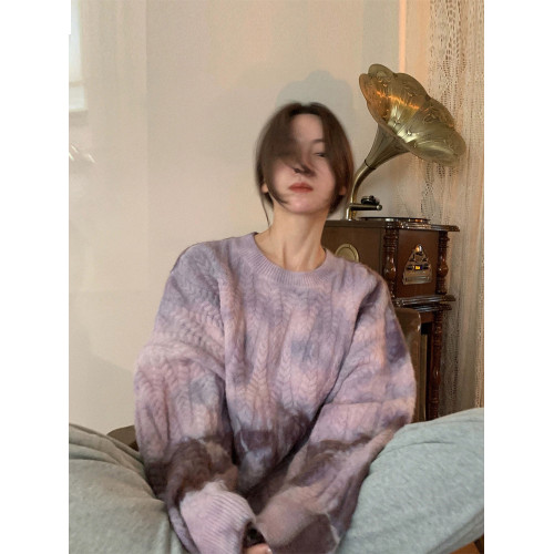 秋冬加厚復古慵懶風寬松紥染麻花馬海毛圓領打底外穿套頭毛衣女潮