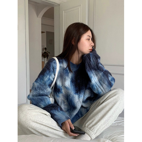 秋冬加厚復古慵懶風寬松紥染麻花馬海毛圓領打底外穿套頭毛衣女潮