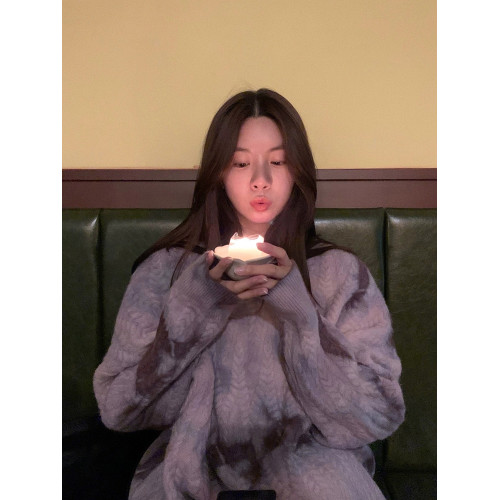 秋冬加厚復古慵懶風寬松紥染麻花馬海毛圓領打底外穿套頭毛衣女潮