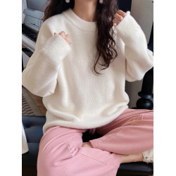 韓系粉色毛衣女秋冬慵懶風寬松高級感圓領套頭軟糯加厚針織衫上衣