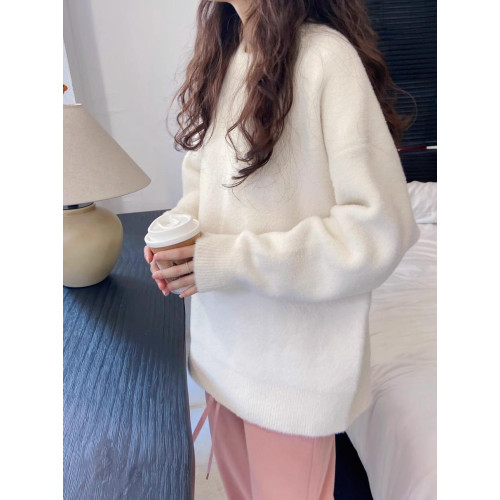 韓系粉色毛衣女秋冬慵懶風寬松高級感圓領套頭軟糯加厚針織衫上衣