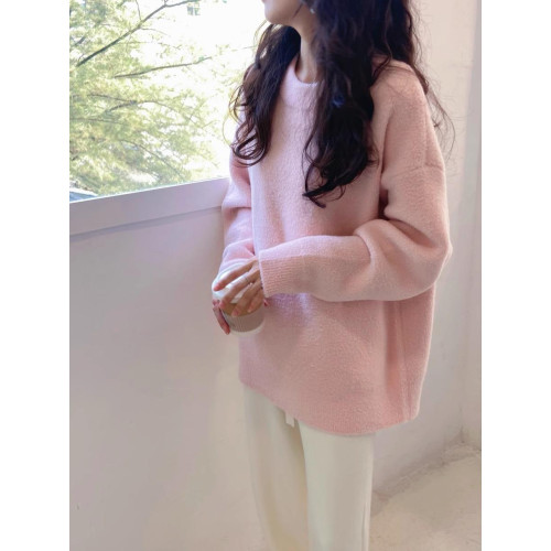 韓系粉色毛衣女秋冬慵懶風寬松高級感圓領套頭軟糯加厚針織衫上衣