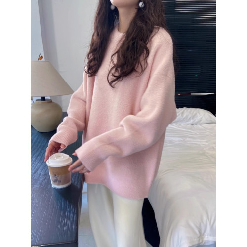 韓系粉色毛衣女秋冬慵懶風寬松高級感圓領套頭軟糯加厚針織衫上衣