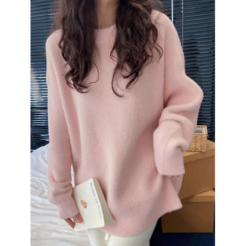 韓系粉色毛衣女秋冬慵懶風寬松高級感圓領套頭軟糯加厚針織衫上衣