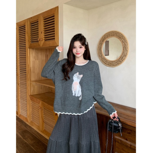 小吉家大碼女裝秋冬新款胖mm甜美慵懶風綉花小貓軟糯毛衣長袖上衣