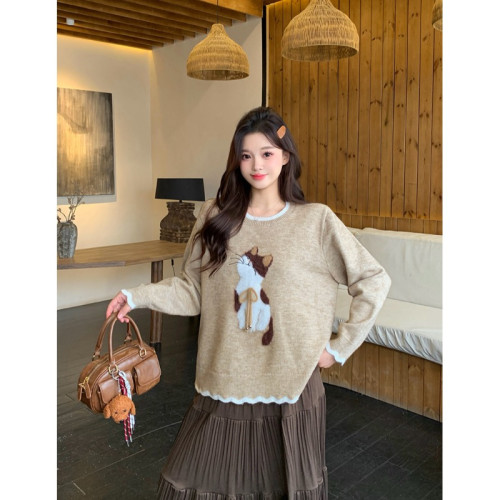 小吉家大碼女裝秋冬新款胖mm甜美慵懶風綉花小貓軟糯毛衣長袖上衣