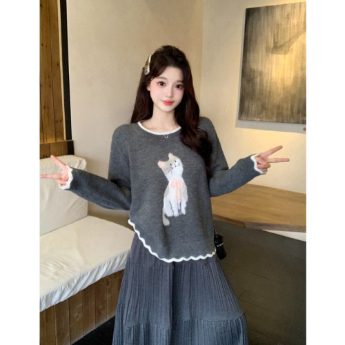 小吉家大碼女裝秋冬新款胖mm甜美慵懶風綉花小貓軟糯毛衣長袖上衣