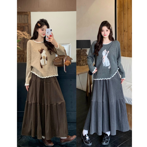 小吉家大碼女裝秋冬新款胖mm甜美慵懶風綉花小貓軟糯毛衣長袖上衣