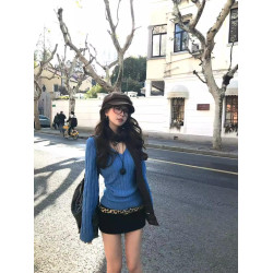 美式辣妹藍色麻花V領毛衣女秋冬2025新款內搭針織打底衫修身上衣