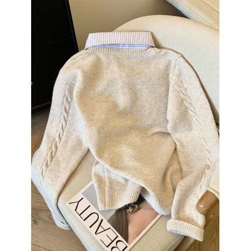 專櫃撤迴剪標假兩件襯衫領毛衣外套女秋冬新款學院風軟糯針織開衫