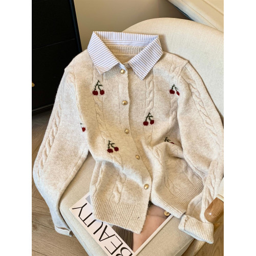 專櫃撤迴剪標假兩件襯衫領毛衣外套女秋冬新款學院風軟糯針織開衫