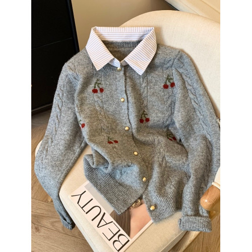 專櫃撤迴剪標假兩件襯衫領毛衣外套女秋冬新款學院風軟糯針織開衫