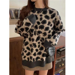 法式復古時尚寬松設計感小衆上衣秋冬保暖套頭外穿豹紋針織毛衣女