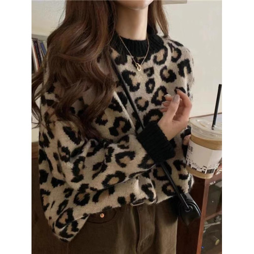 法式復古時尚寬松設計感小衆上衣秋冬保暖套頭外穿豹紋針織毛衣女