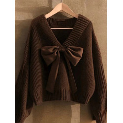 咖色v領蝴蝶結坑條套頭毛衣女秋季歐貨高級感寬松慵懶針織衫上衣