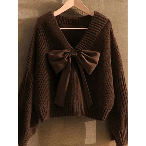 咖色v領蝴蝶結坑條套頭毛衣女秋季歐貨高級感寬松慵懶針織衫上衣
