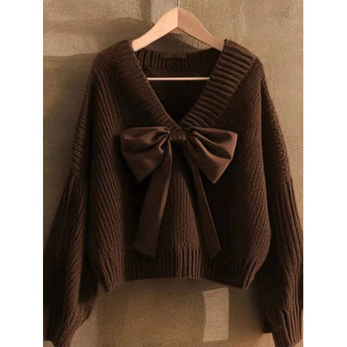 咖色v領蝴蝶結坑條套頭毛衣女秋季歐貨高級感寬松慵懶針織衫上衣