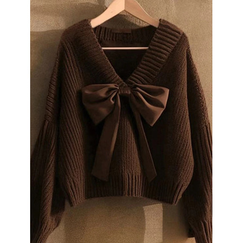 咖色v領蝴蝶結坑條套頭毛衣女秋季歐貨高級感寬松慵懶針織衫上衣
