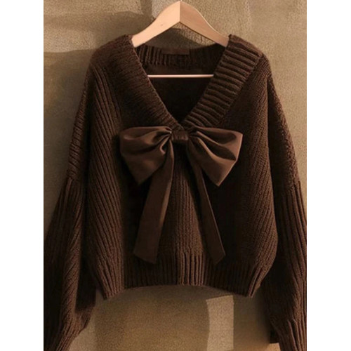 咖色v領蝴蝶結坑條套頭毛衣女秋季歐貨高級感寬松慵懶針織衫上衣