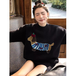 潮牌臘腸狗刺綉黑色毛衣女軟糯慵懶高級感秋冬圓領套頭針織衫上衣