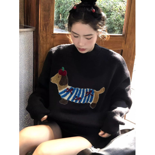 潮牌臘腸狗刺綉黑色毛衣女軟糯慵懶高級感秋冬圓領套頭針織衫上衣