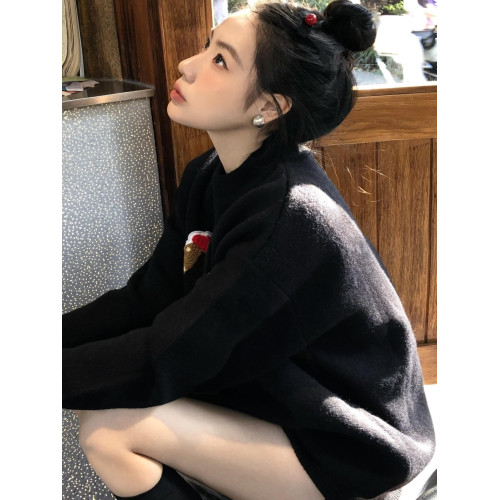 潮牌臘腸狗刺綉黑色毛衣女軟糯慵懶高級感秋冬圓領套頭針織衫上衣