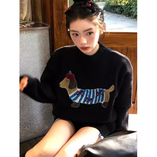 潮牌臘腸狗刺綉黑色毛衣女軟糯慵懶高級感秋冬圓領套頭針織衫上衣
