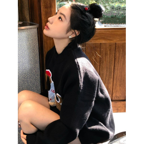 潮牌臘腸狗刺綉黑色毛衣女軟糯慵懶高級感秋冬圓領套頭針織衫上衣