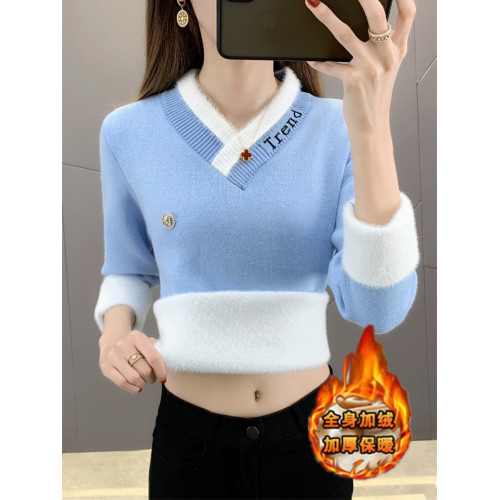 一體絨毛衣女加厚百搭保暖加絨打底衫女2025新款秋冬季V領上衣