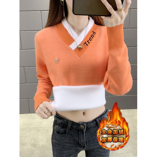一體絨毛衣女加厚百搭保暖加絨打底衫女2025新款秋冬季V領上衣