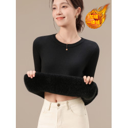 秋冬季圓領加絨毛衣女加厚一體絨內搭打底針織衫大碼修身保暖上衣