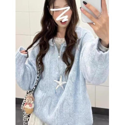 藍色麻花翻領毛衣2024新款奶fufu慵懶風韓系秋冬季穿搭針織上衣