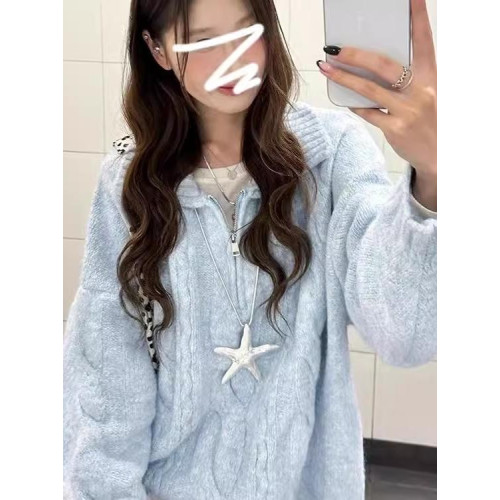 藍色麻花翻領毛衣2024新款奶fufu慵懶風韓系秋冬季穿搭針織上衣