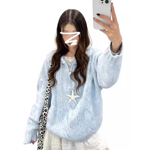 藍色麻花翻領毛衣2024新款奶fufu慵懶風韓系秋冬季穿搭針織上衣