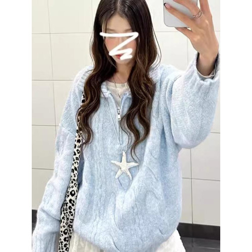 藍色麻花翻領毛衣2024新款奶fufu慵懶風韓系秋冬季穿搭針織上衣