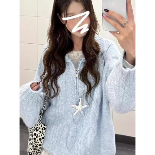 藍色麻花翻領毛衣2024新款奶fufu慵懶風韓系秋冬季穿搭針織上衣