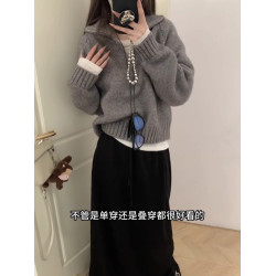 軟糯奶fufu灰色半拉鍊氣質毛衣女秋冬小個子寬松套頭針織衫上衣