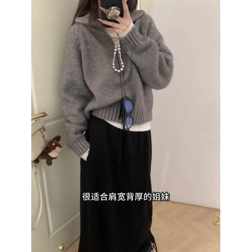 軟糯奶fufu灰色半拉鍊氣質毛衣女秋冬小個子寬松套頭針織衫上衣