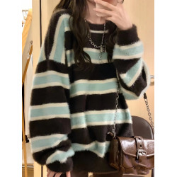 軟糯溫柔條紋慵懶風秋冬新款毛衣女寬松復古仿水貂絨甜辣針織衫厚