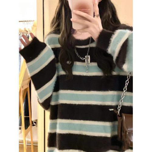 軟糯溫柔條紋慵懶風秋冬新款毛衣女寬松復古仿水貂絨甜辣針織衫厚