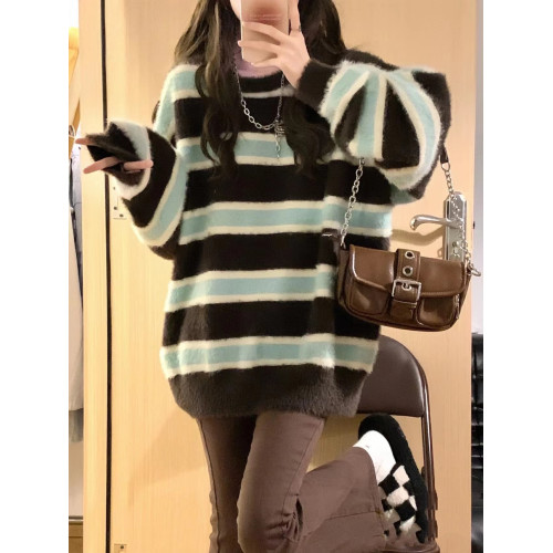 軟糯溫柔條紋慵懶風秋冬新款毛衣女寬松復古仿水貂絨甜辣針織衫厚