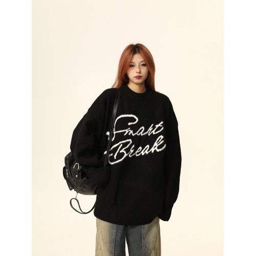 野生阿子原創美式復古字母針織衫毛衣女秋冬寬鬆慵嬾風百搭外套潮