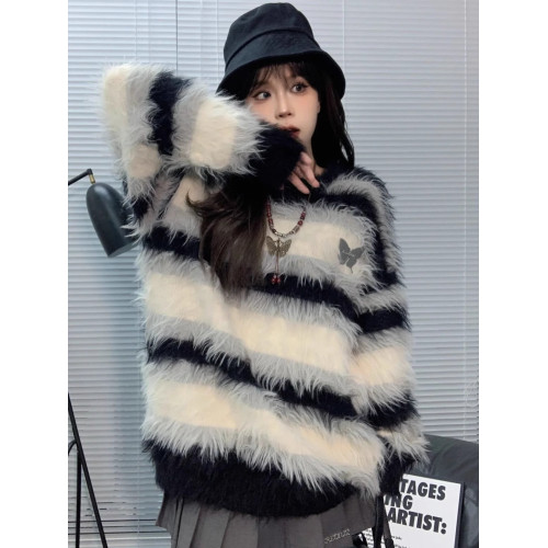 加厚版!慵懶風條紋水貂絨套頭毛衣女秋冬新款韓版寬松針織衫外套 加厚版!慵懶風條紋水貂絨套頭毛衣女秋冬新款韓版寬松針織衫外套