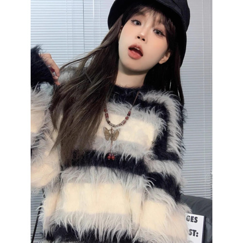 加厚版!慵懶風條紋水貂絨套頭毛衣女秋冬新款韓版寬松針織衫外套 加厚版!慵懶風條紋水貂絨套頭毛衣女秋冬新款韓版寬松針織衫外套