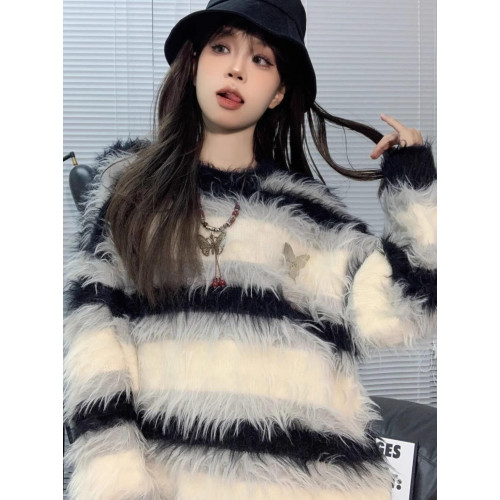 加厚版!慵懶風條紋水貂絨套頭毛衣女秋冬新款韓版寬松針織衫外套 加厚版!慵懶風條紋水貂絨套頭毛衣女秋冬新款韓版寬松針織衫外套