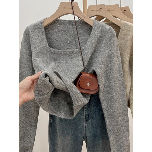 小個子短款軟糯毛衣打底衫女裝秋冬季新款長袖方領內搭針織衫上衣