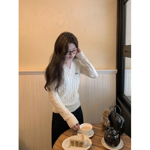 奶白色V領修身刺綉麻花針織衫上衣女秋季高級感套頭長袖內塔毛衣